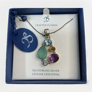 Sterling Silver Multi-Gemstone Pendant Necklace 18 In New In Box Gift